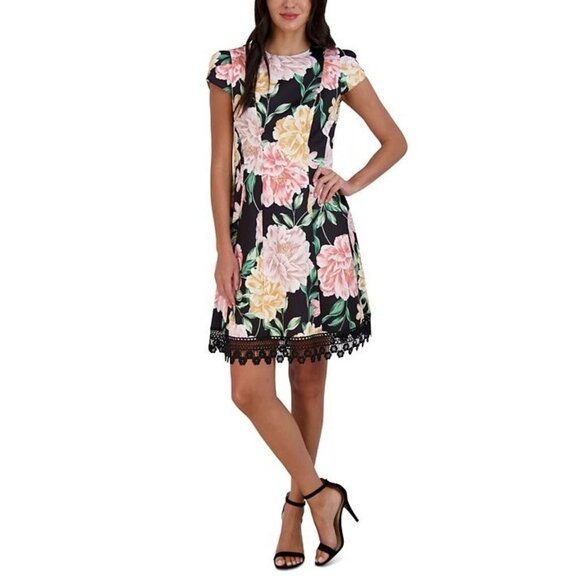 Donna Ricco Women's Lace-Hem Floral-Print Sheath Dress Black Size 6 MSRP $119